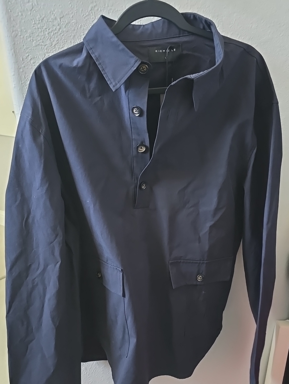 Richie Le Navy Blud Pullover Button-Placket Long Sleeved Button up Shirt Large L